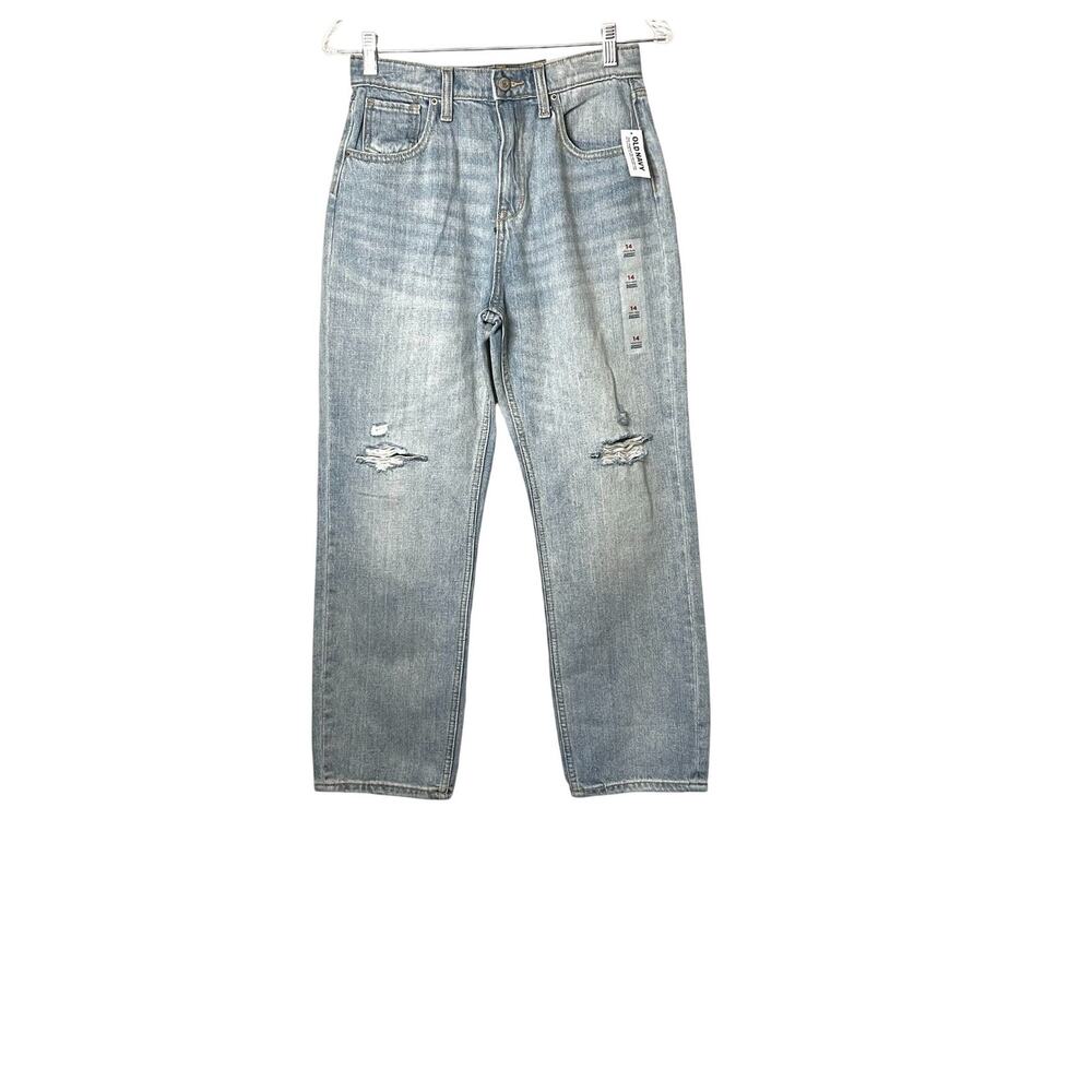 Old Navy Jeans Girls Size 14 Blue High Rise Straight Leg Light Distressed NWT
